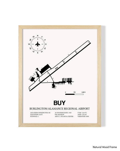 Detailed Airport Map of Burlington/Alamance Regional Airport (BUY) in White with a Natural Frame