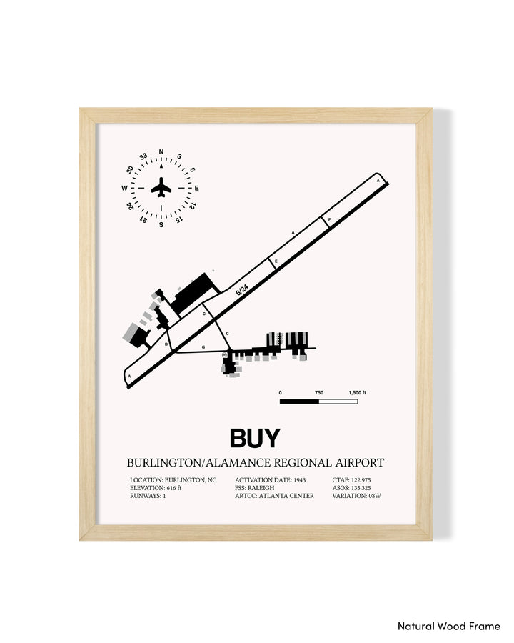 Detailed Airport Map of Burlington/Alamance Regional Airport (BUY) in White with a Natural Frame
