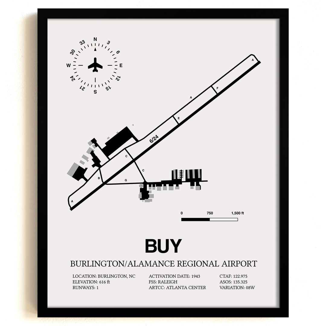 Framed Detailed Airport Map of Burlington/Alamance Regional Airport (BUY) in White with a Black Frame