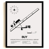 Framed Detailed Airport Map of Burlington/Alamance Regional Airport (BUY) in White with a Black Frame