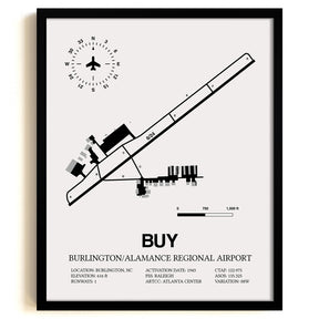 Framed Detailed Airport Map of Burlington/Alamance Regional Airport (BUY) in White with a Black Frame