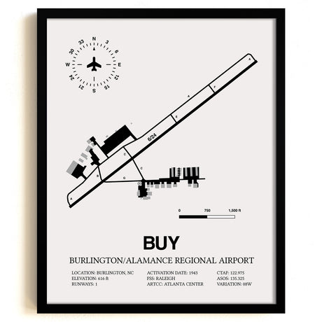 Framed Detailed Airport Map of Burlington/Alamance Regional Airport (BUY) in White with a Black Frame