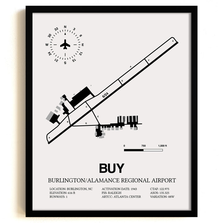 Framed Detailed Airport Map of Burlington/Alamance Regional Airport (BUY) in White with a Black Frame
