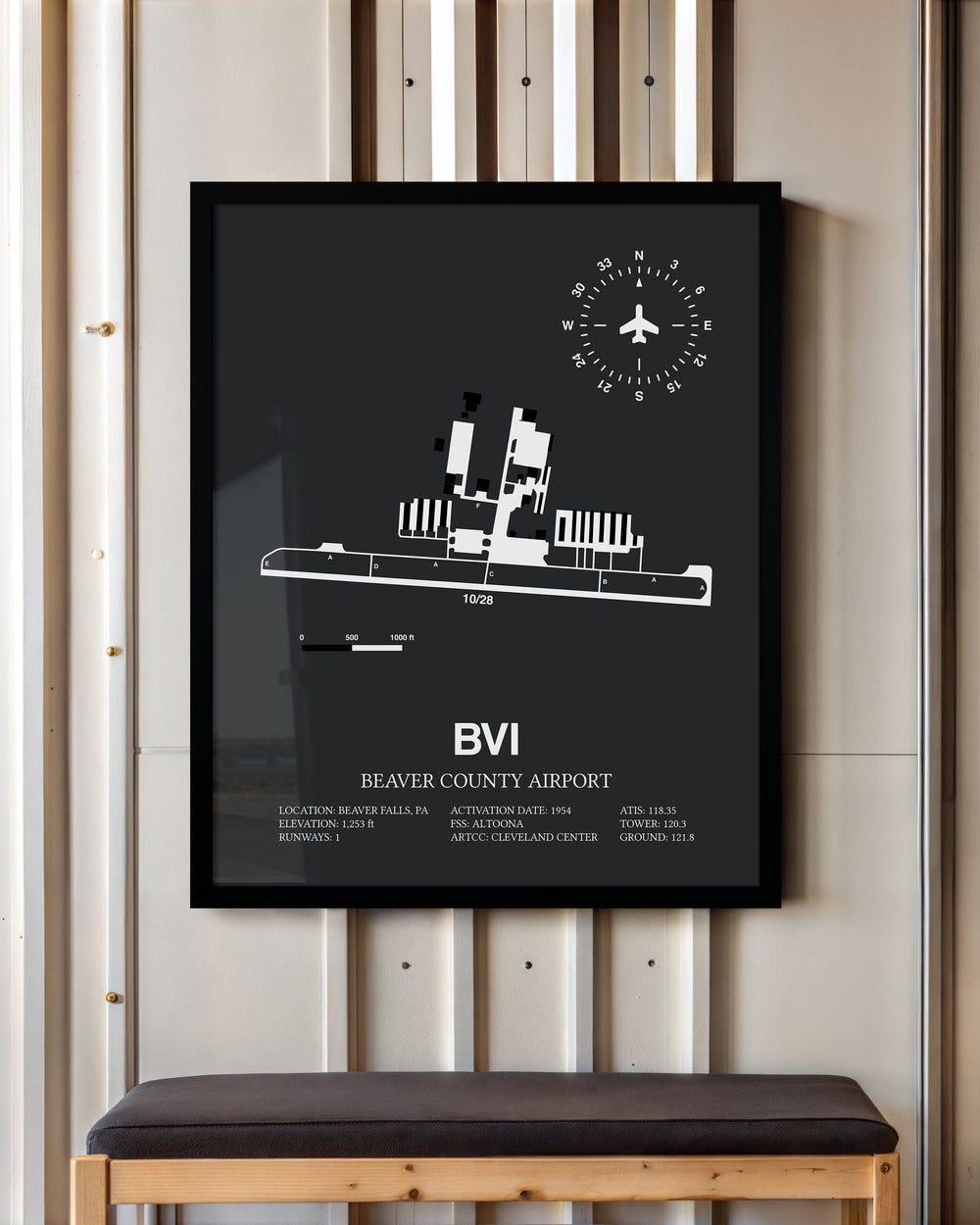 Framed Detailed Airport Map of Beaver County Airport (BVI) in Gray with a Black Frame