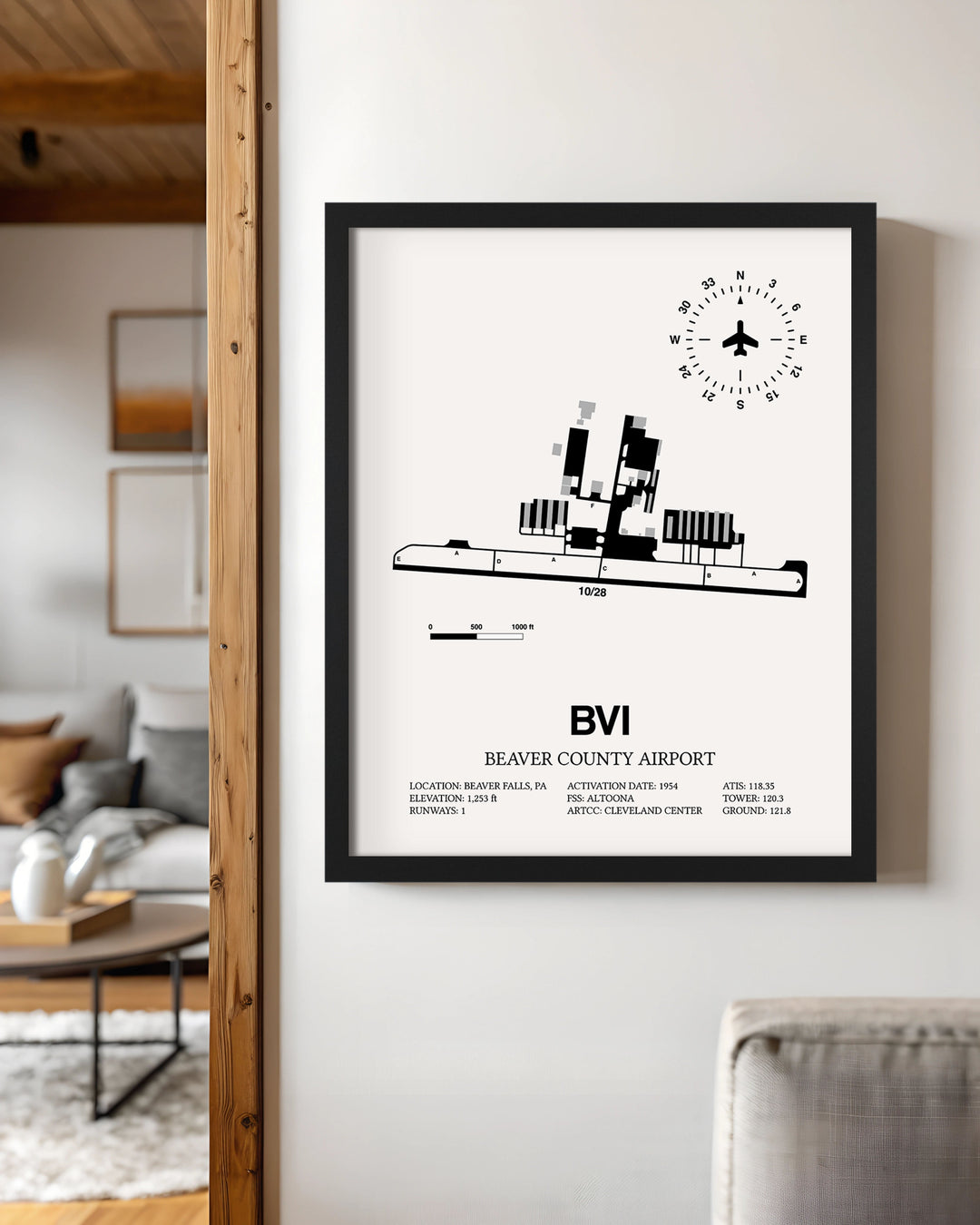 Framed Detailed Airport Map of Beaver County Airport (BVI) in White with a Black Frame