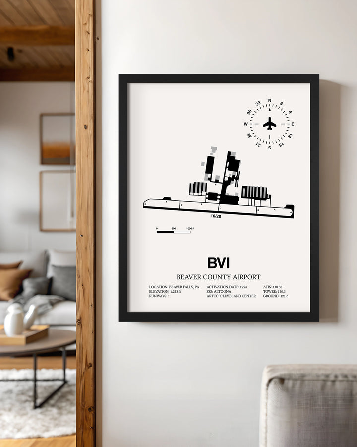 Framed Detailed Airport Map of Beaver County Airport (BVI) in White with a Black Frame