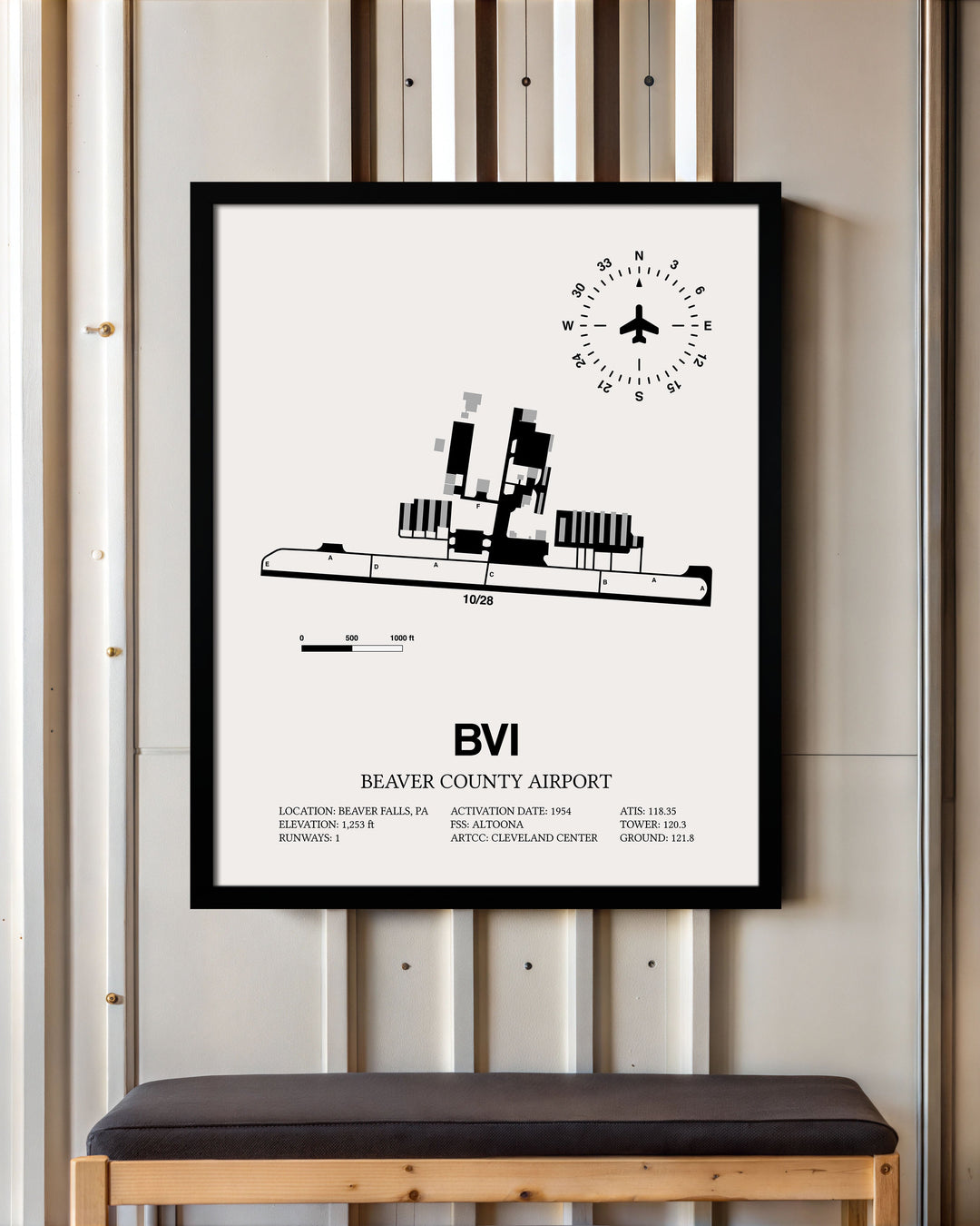 Framed Detailed Airport Map of Beaver County Airport (BVI) in White with a Black Frame