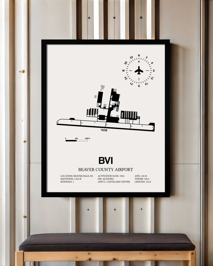 Framed Detailed Airport Map of Beaver County Airport (BVI) in White with a Black Frame