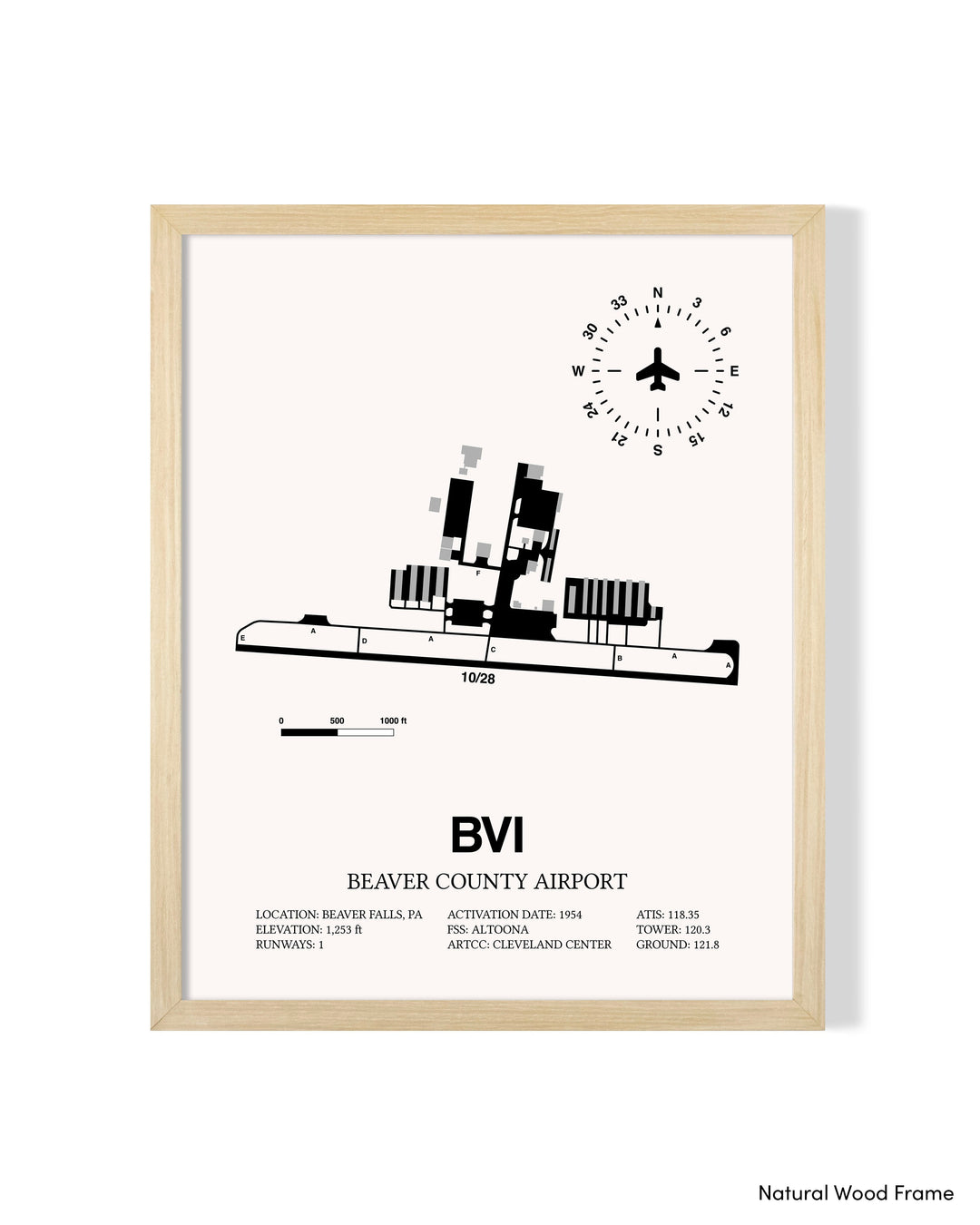 Detailed Airport Map of Beaver County Airport (BVI) in White with a Natural Frame