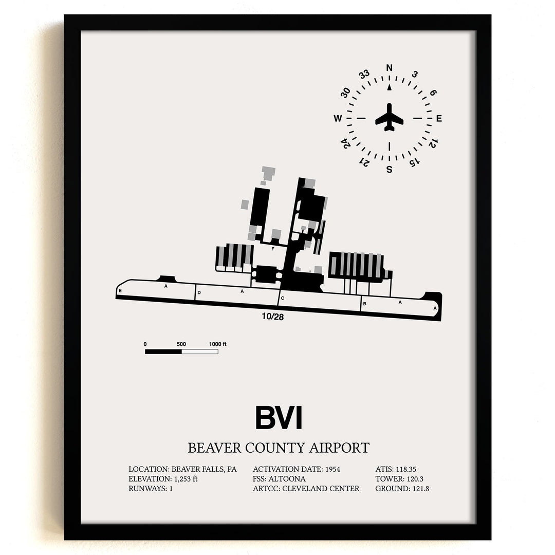 Framed Detailed Airport Map of Beaver County Airport (BVI) in White with a Black Frame