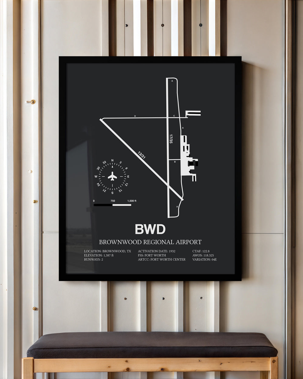 Framed Detailed Airport Map of Brownwood Regional Airport (BWD) in Gray with a Black Frame