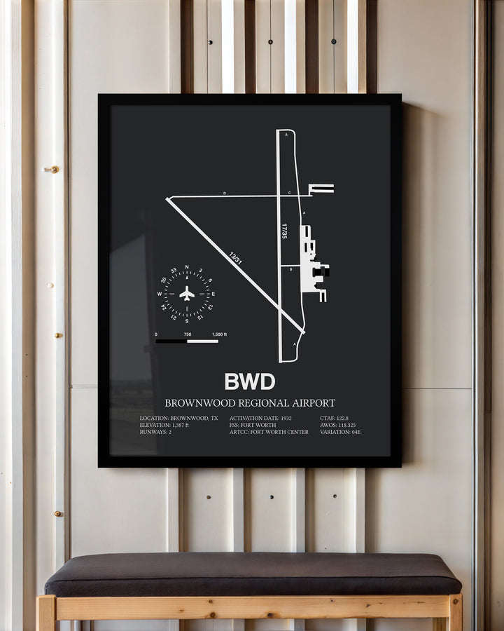 Framed Detailed Airport Map of Brownwood Regional Airport (BWD) in Gray with a Black Frame