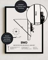 Framed Detailed Airport Map of Brownwood Regional Airport (BWD) in White with a Black Frame