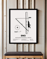 Framed Detailed Airport Map of Brownwood Regional Airport (BWD) in White with a Black Frame