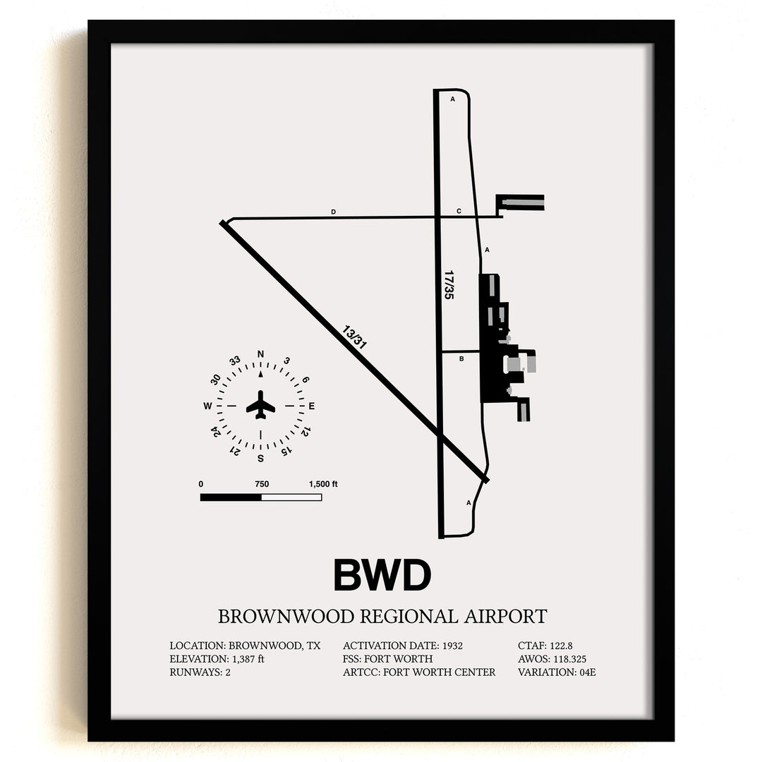 Framed Detailed Airport Map of Brownwood Regional Airport (BWD) in White with a Black Frame