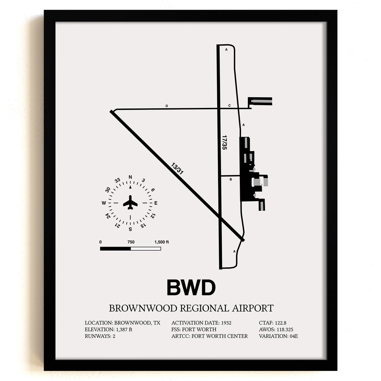 Framed Detailed Airport Map of Brownwood Regional Airport (BWD) in White with a Black Frame