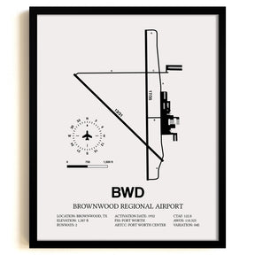 Framed Detailed Airport Map of Brownwood Regional Airport (BWD) in White with a Black Frame
