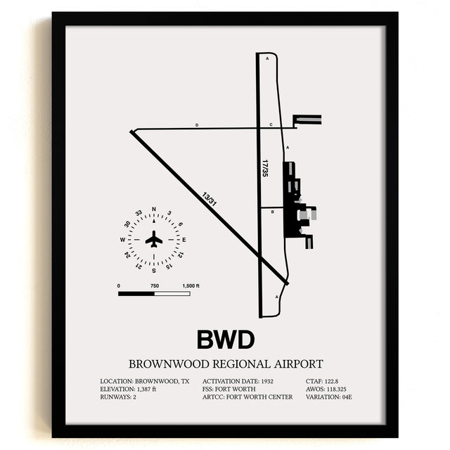 Framed Detailed Airport Map of Brownwood Regional Airport (BWD) in White with a Black Frame