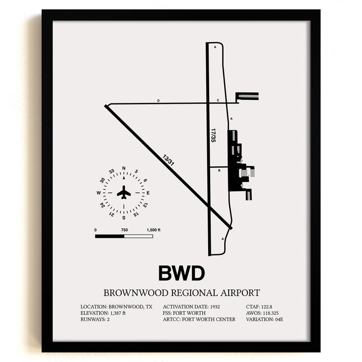 Framed Detailed Airport Map of Brownwood Regional Airport (BWD) in White with a Black Frame