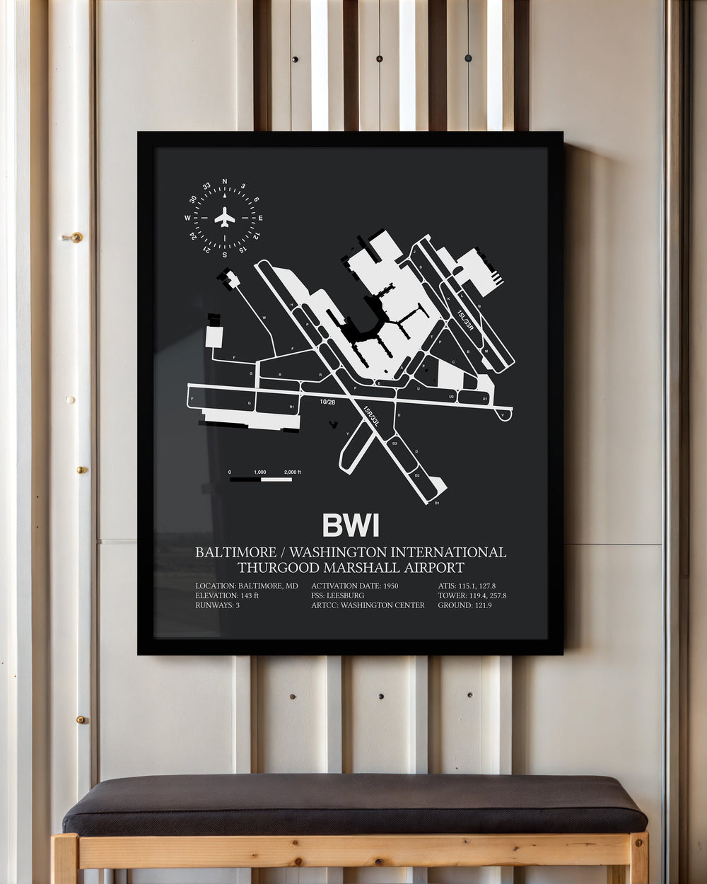 Framed Detailed Airport Map of Baltimore/Washington International Thurgood Marshall Airport (BWI) in Gray with a Black Frame