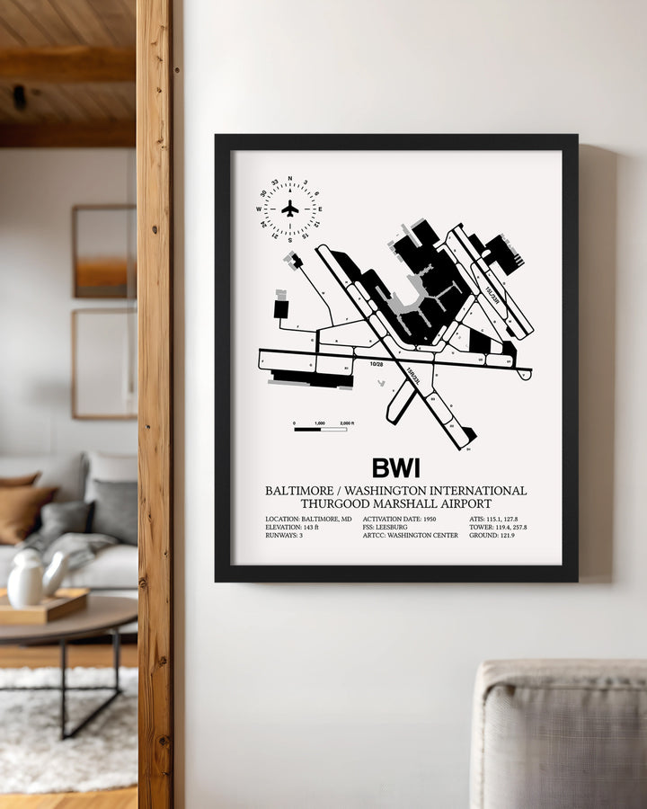 Framed Detailed Airport Map of Baltimore/Washington International Thurgood Marshall Airport (BWI) in White with a Black Frame