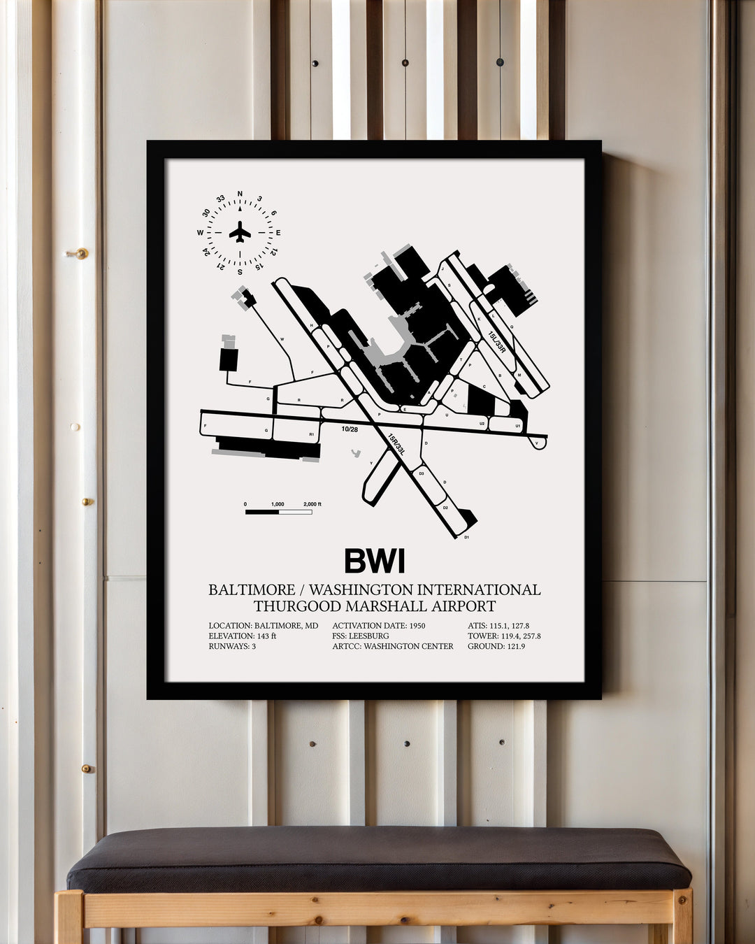 Framed Detailed Airport Map of Baltimore/Washington International Thurgood Marshall Airport (BWI) in White with a Black Frame