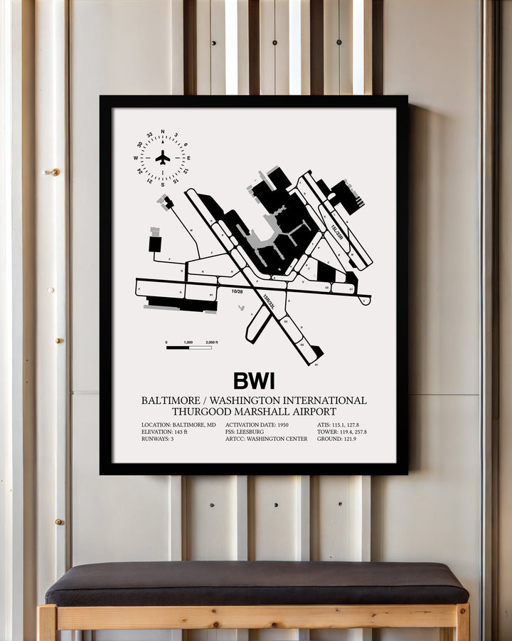 Framed Detailed Airport Map of Baltimore/Washington International Thurgood Marshall Airport (BWI) in White with a Black Frame