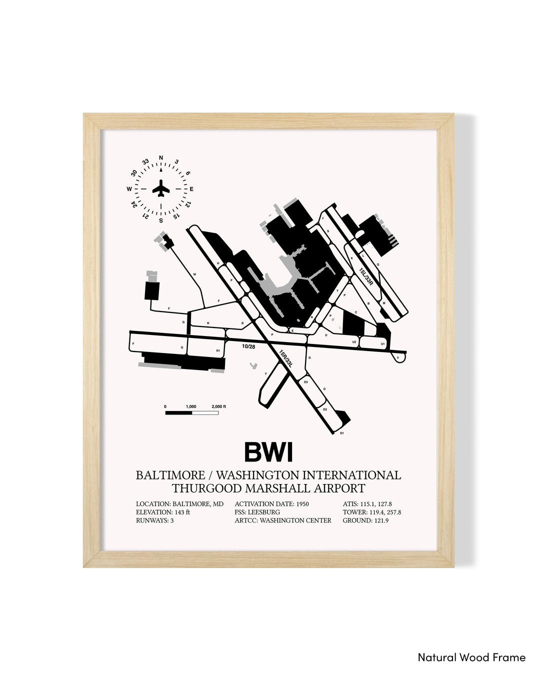 Detailed Airport Map of Baltimore/Washington International Thurgood Marshall Airport (BWI) in White with a Natural Frame