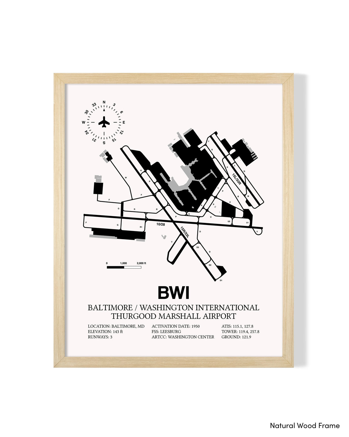 Detailed Airport Map of Baltimore/Washington International Thurgood Marshall Airport (BWI) in White with a Natural Frame