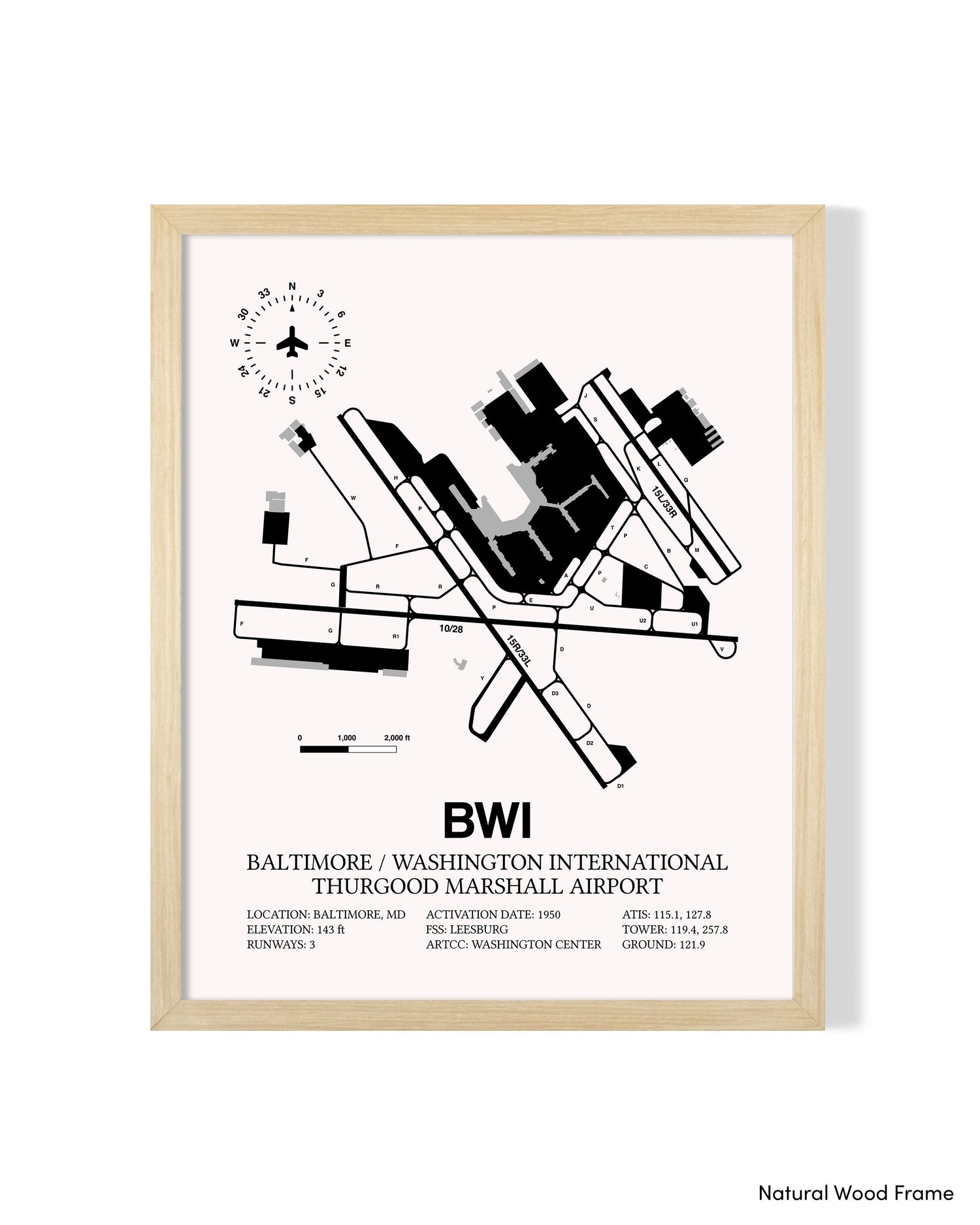 Detailed Airport Map of Baltimore/Washington International Thurgood Marshall Airport (BWI) in White with a Natural Frame