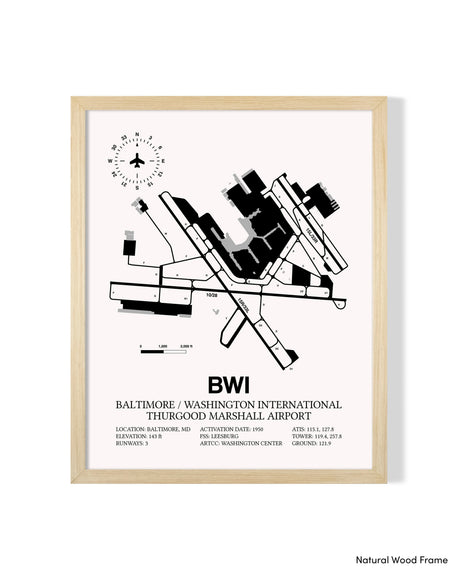 Detailed Airport Map of Baltimore/Washington International Thurgood Marshall Airport (BWI) in White with a Natural Frame
