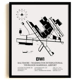 Framed Detailed Airport Map of Baltimore/Washington International Thurgood Marshall Airport (BWI) in White with a Black Frame