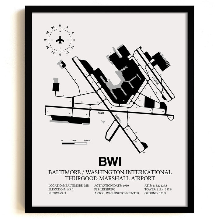 Framed Detailed Airport Map of Baltimore/Washington International Thurgood Marshall Airport (BWI) in White with a Black Frame