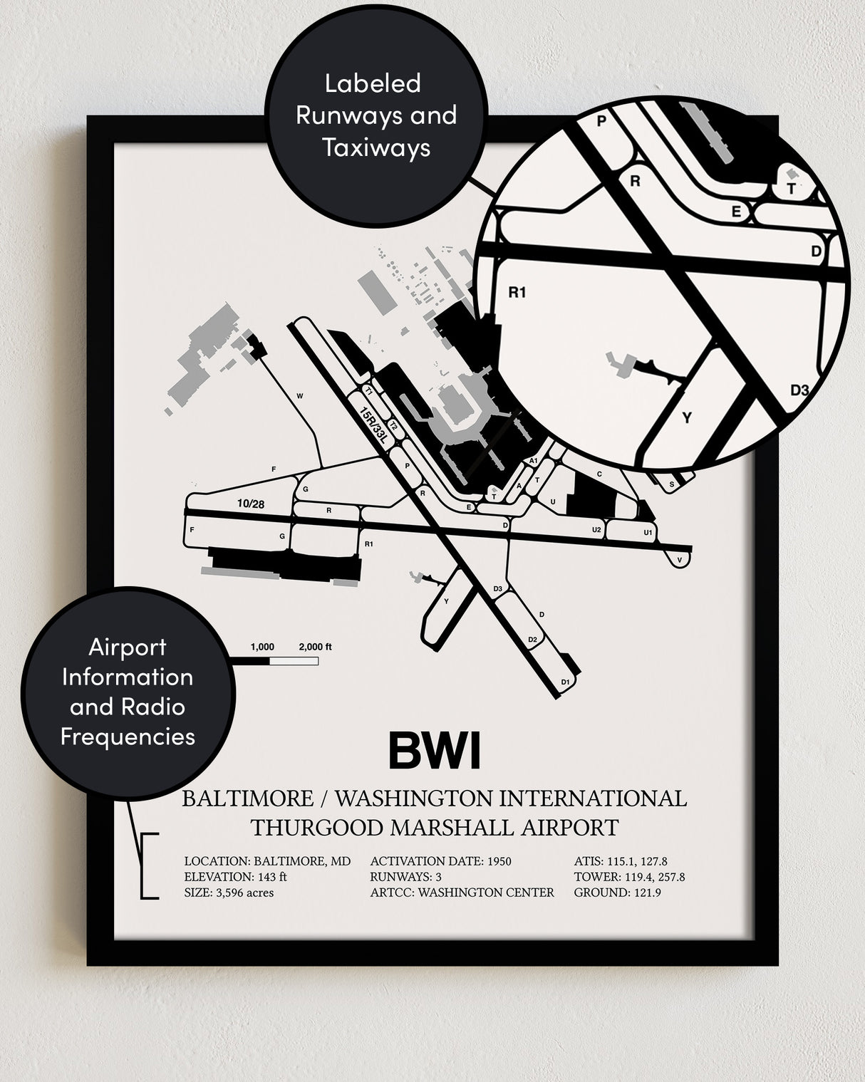 Framed Detailed Airport Map of Baltimore/Washington International Thurgood Marshall Airport (BWI) in White with a Black Frame