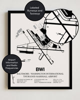 Framed Detailed Airport Map of Baltimore/Washington International Thurgood Marshall Airport (BWI) in White with a Black Frame