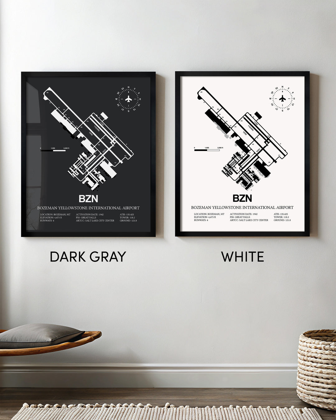 Framed Detailed Airport Map of Bozeman Yellowstone International Airport (BZN) in White and Gray