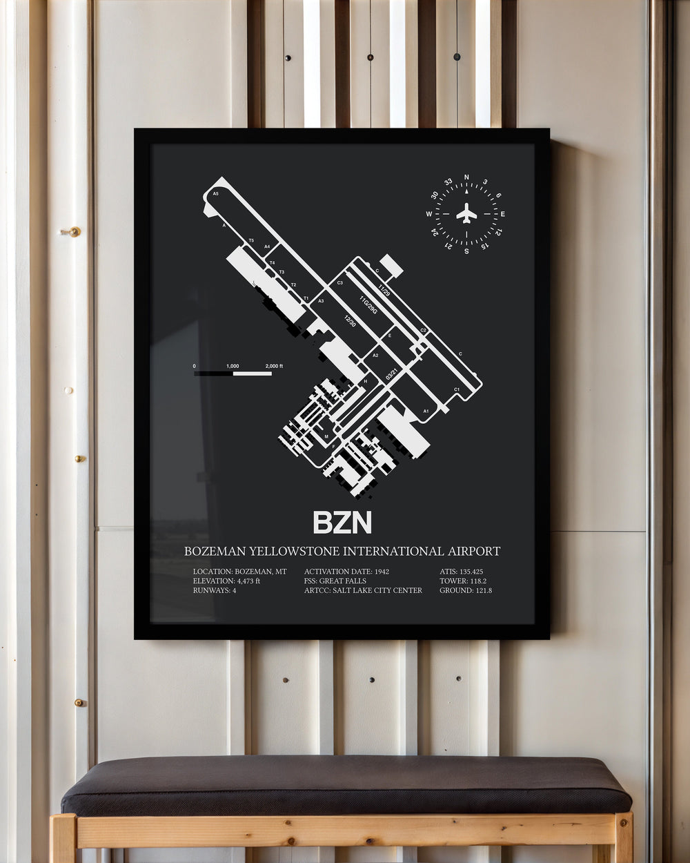 Framed Detailed Airport Map of Bozeman Yellowstone International Airport (BZN) in Gray with a Black Frame