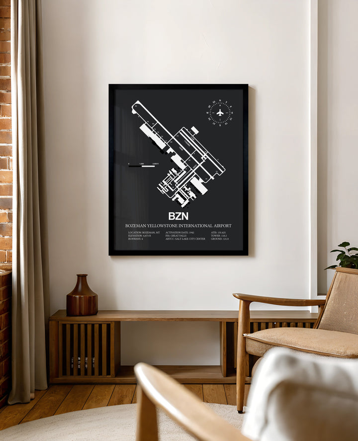 Framed Detailed Airport Map of Bozeman Yellowstone International Airport (BZN) in Gray with a Black Frame