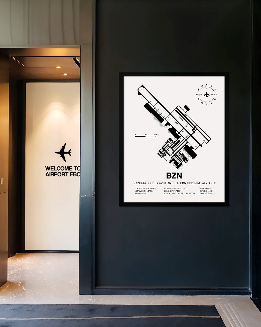 Framed Detailed Airport Map of Bozeman Yellowstone International Airport (BZN) in White with a Black Frame