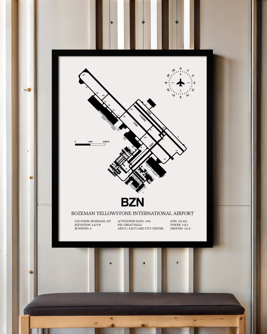 Framed Detailed Airport Map of Bozeman Yellowstone International Airport (BZN) in White with a Black Frame
