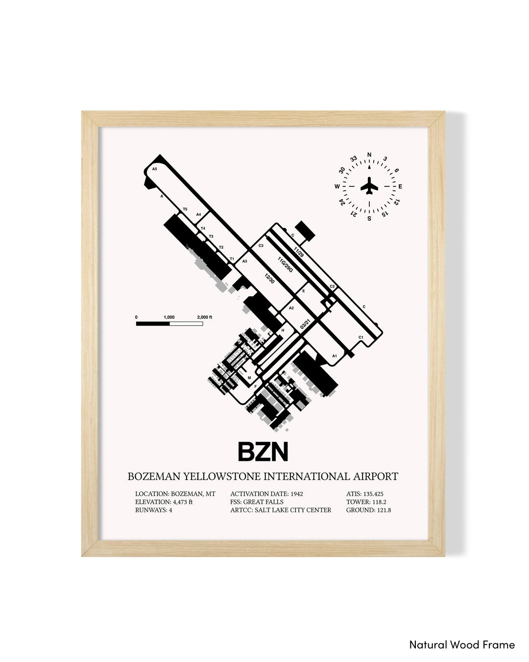 Detailed Airport Map of Bozeman Yellowstone International Airport (BZN) in White with a Natural Frame