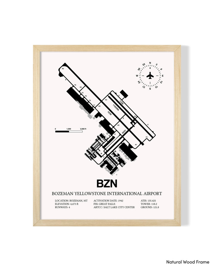 Detailed Airport Map of Bozeman Yellowstone International Airport (BZN) in White with a Natural Frame