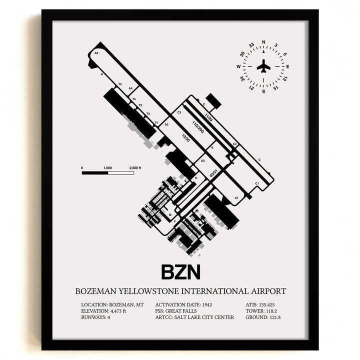 Framed Detailed Airport Map of Bozeman Yellowstone International Airport (BZN) in White with a Black Frame