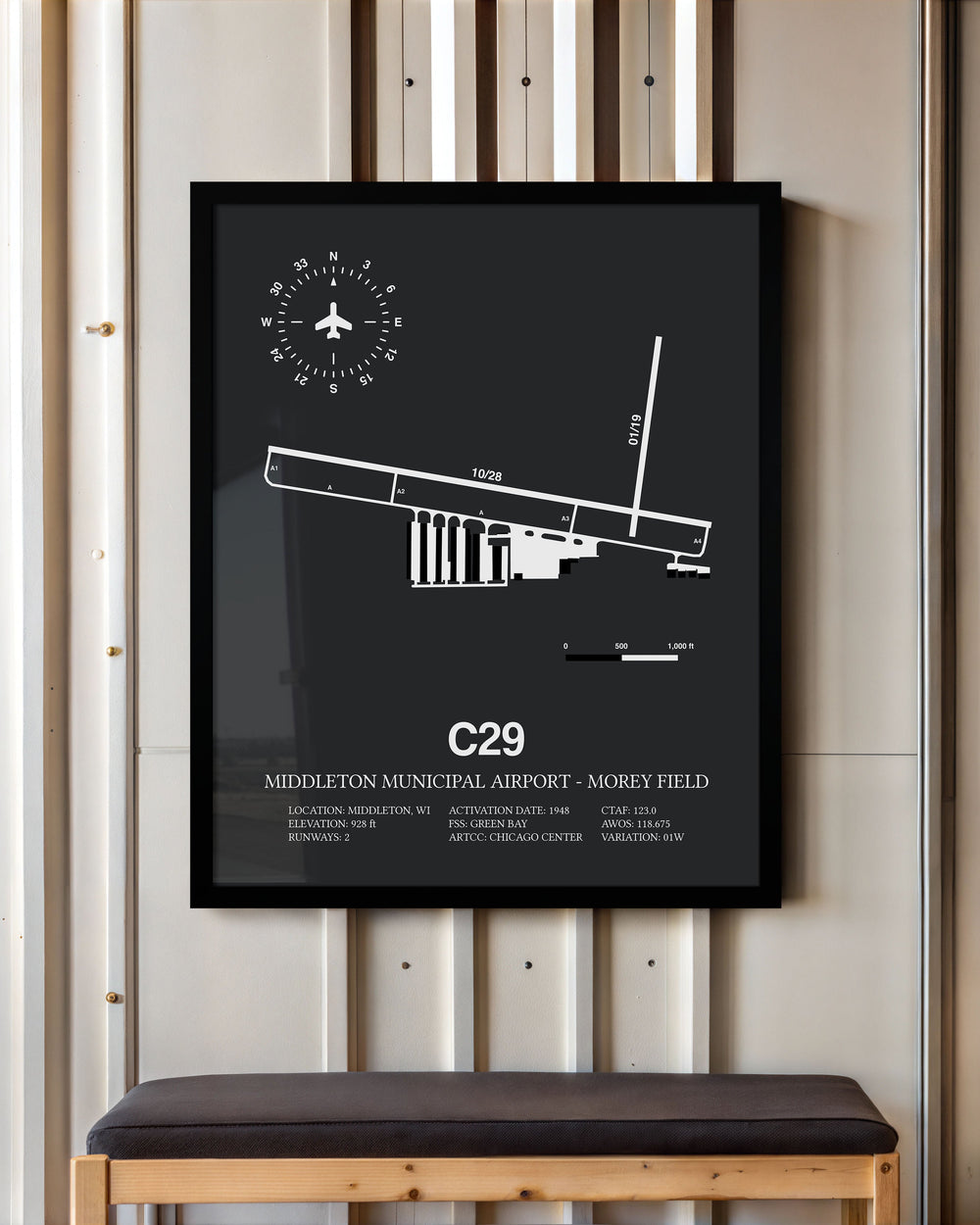 Framed Detailed Airport Map of Middleton Municipal Airport - Morey Field (C29) in Gray with a Black Frame