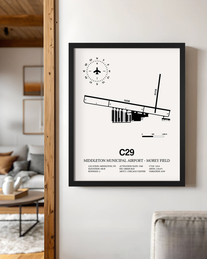 Framed Detailed Airport Map of Middleton Municipal Airport - Morey Field (C29) in White with a Black Frame