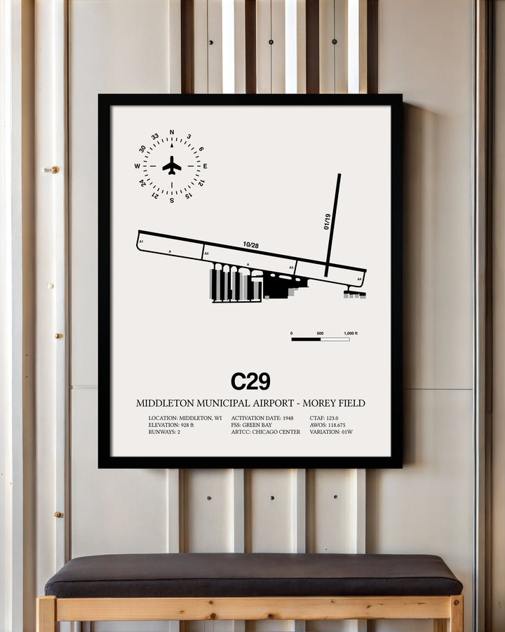 Framed Detailed Airport Map of Middleton Municipal Airport - Morey Field (C29) in White with a Black Frame