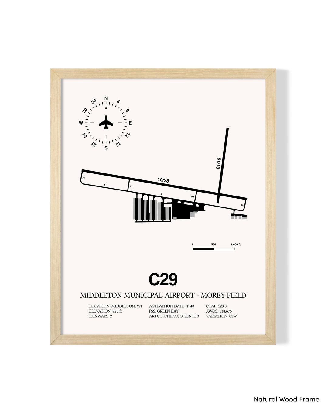 Detailed Airport Map of Middleton Municipal Airport - Morey Field (C29) in White with a Natural Frame