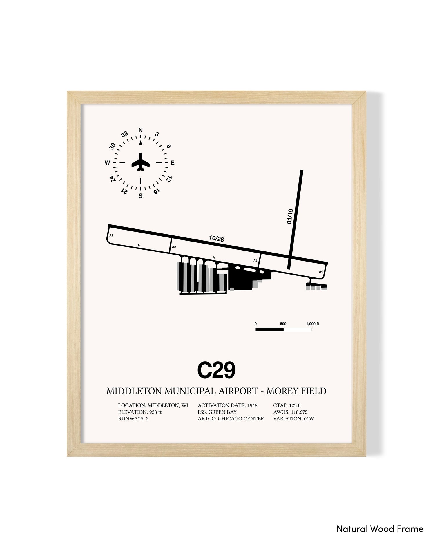 Detailed Airport Map of Middleton Municipal Airport - Morey Field (C29) in White with a Natural Frame
