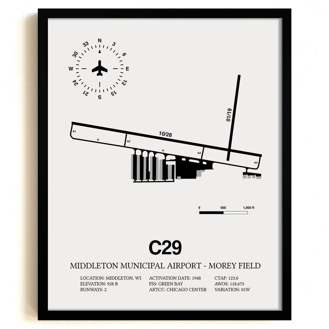 Framed Detailed Airport Map of Middleton Municipal Airport - Morey Field (C29) in White with a Black Frame