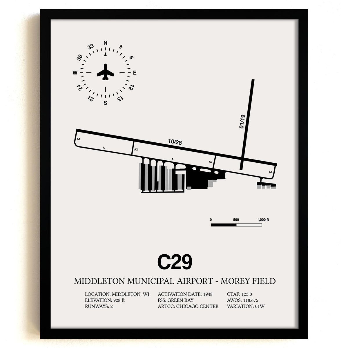 Framed Detailed Airport Map of Middleton Municipal Airport - Morey Field (C29) in White with a Black Frame